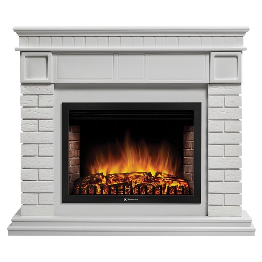 Каминокомплект: Очаг Electrolux EFP/P-3020LS N, портал Bricks 30 камень белый, белая эмаль