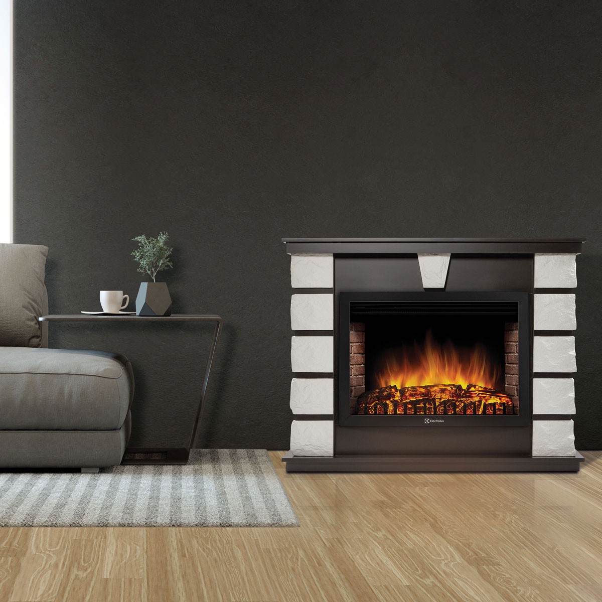Каминокомплект: Очаг Electrolux EFP/P-2520LS N, портал Excalibur 25 камень белый
