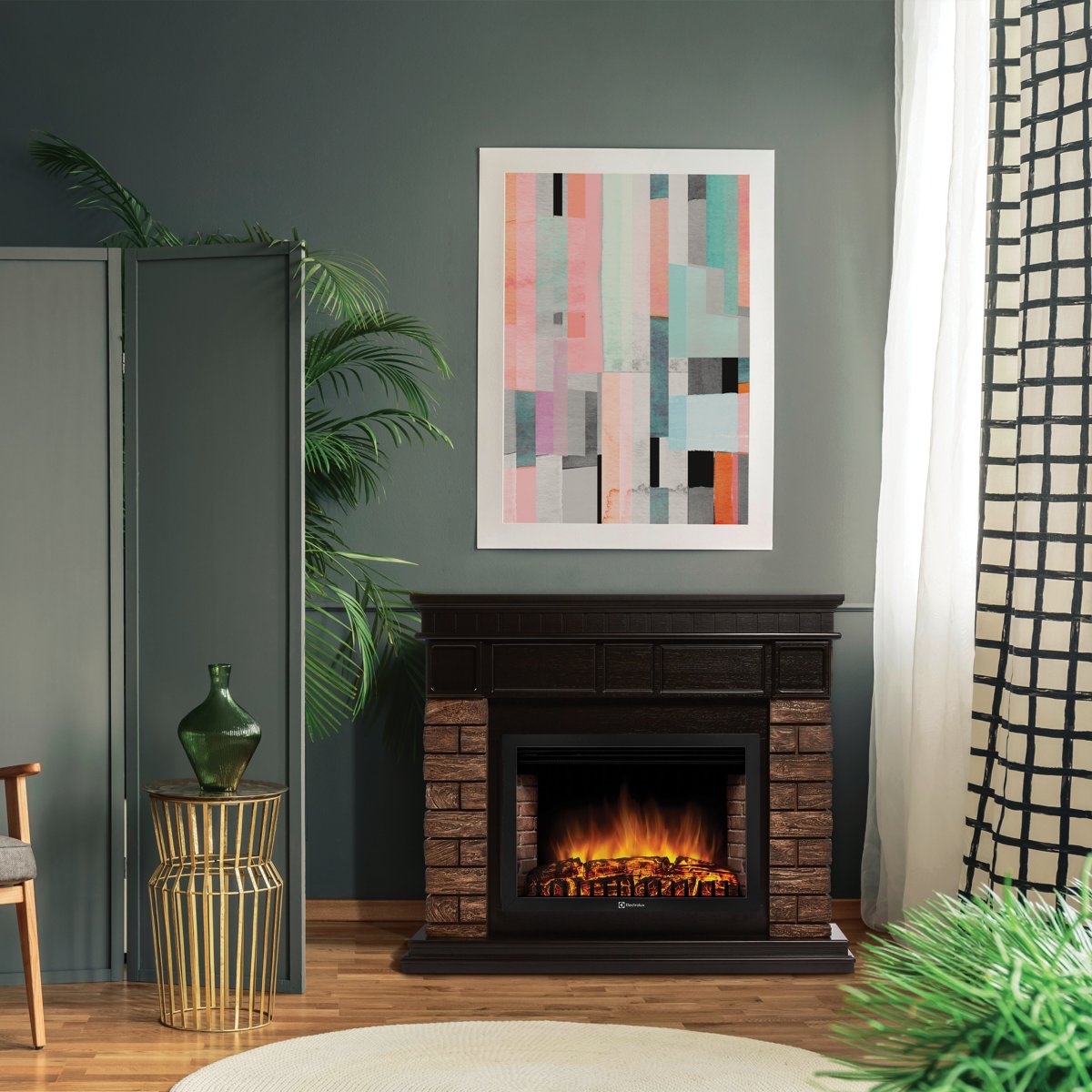 Каминокомплект:Очаг Electrolux EFP/P-3320RLS, портал Bricks Wood 30 камень темный, шпон венге